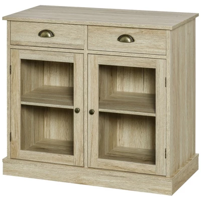 HOMCOM Rustic Farmhouse Sideboard, Buffet Cabinet With 2 Glass Doors, Adjustable Shelves And 2 Drawers For Kitchen, Living Room, Oak 5 HOMCOM Rustic Farmhouse Sideboard, Buffet Cabinet With 2 Glass Doors, Adjustable Shelves And 2 Drawers For Kitchen, Living Room, Oak - Image 3