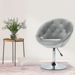 HOMCOM Modern Makeup Vanity Chair Round Tufted Swivel Accent Chair With Chrome Frame Height Adjustable For Living Room -Homcom GUEST 05aab311 9791 4628 961f fd3d5a28a2b5