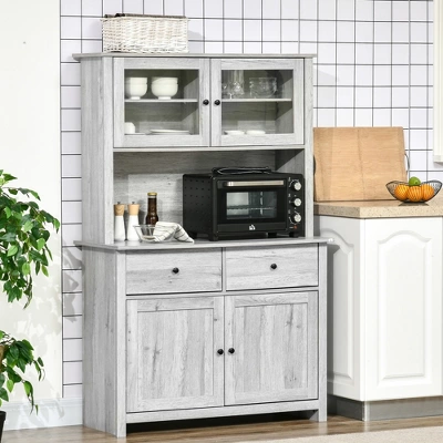 HOMCOM 63.5" Kitchen Buffet With Hutch, Pantry Storage Cabinet With 4 Shelves, Drawers, Framed Glass Doors, Open Microwave Countertop, Ash Gray 4 HOMCOM 63.5" Kitchen Buffet With Hutch, Pantry Storage Cabinet With 4 Shelves, Drawers, Framed Glass Doors, Open Microwave Countertop, Ash Gray - Image 2