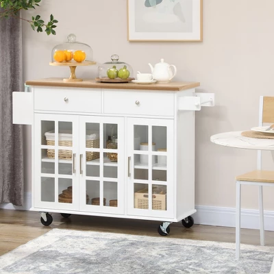 HOMCOM Rolling Kitchen Island With Storage, Utility Kitchen Cart With 2 Drawers, 2 Cupboards, Towel Rack And Spice Rack For Dining Room, White 4 HOMCOM Rolling Kitchen Island With Storage, Utility Kitchen Cart With 2 Drawers, 2 Cupboards, Towel Rack And Spice Rack For Dining Room, White - Image 2