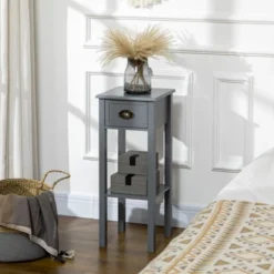 HOMCOM 2-Tier Side Table With Drawer, Narrow End Table With Bottom Shelf, For Living Room Or Bedroom, Set Of 2, Gray