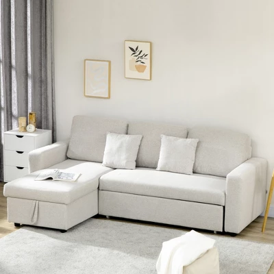 HOMCOM Sectional Sleeper Sofa, Linen Fabric L Shaped Couch With Pull Out Bed, Reversible Storage Chaise For Living Room, Apartment, 3-seat, Beige 3 HOMCOM Sectional Sleeper Sofa, Linen Fabric L Shaped Couch With Pull Out Bed, Reversible Storage Chaise For Living Room, Apartment, 3-seat, Beige