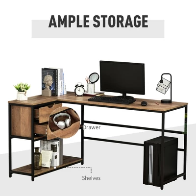 HOMCOM L-Shaped Home Office Writing Desk With Storage Shelf Drawer Industrial Corner PC Study Table Computer Workstation Brown 4 HOMCOM L-Shaped Home Office Writing Desk With Storage Shelf Drawer Industrial Corner PC Study Table Computer Workstation Brown - Image 2