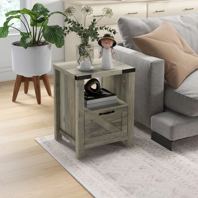HOMCOM Farmhouse Side Table With 1 Drawer, 1 Open Shelf And Tabletop For Living Room, Gray Oak 4 HOMCOM Farmhouse Side Table With 1 Drawer, 1 Open Shelf And Tabletop For Living Room, Gray Oak - Image 2
