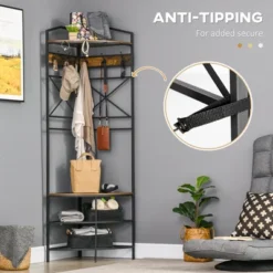 HOMCOM Industrial Corner Hall Tree With Shoe Bench, Entryway Coat Rack, Freestanding Coat Tree With 6 Double Hooks, Rustic Brown -Homcom GUEST 1600e91a 00d0 429c a523 d2505fbe2574