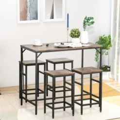 HOMCOM 5-Piece Industrial Dining Table Set, Bar Table & 4 Stools Set, Space Saving For Pub & Kitchen, Black/Brown -Homcom GUEST 16ed2465 031e 4a1a 9664 f31226244ef5