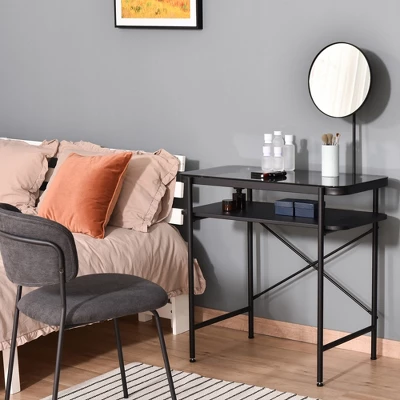 HOMCOM Modern Glasstop Vanity Table With Mirror, Makeup Dressing Table With Rotating Round Mirror, Shelves For Perfumes, Cosmetics, Lotions, Black 4 HOMCOM Modern Glasstop Vanity Table With Mirror, Makeup Dressing Table With Rotating Round Mirror, Shelves For Perfumes, Cosmetics, Lotions, Black - Image 2