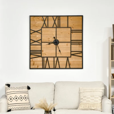HOMCOM 36 Inch Large Wall Clock, Square Silent Non Ticking Metal Wood Farmhouse Roman Numeral Clocks Decor, Battery Operated, Black And Natural 4 HOMCOM 36 Inch Large Wall Clock, Square Silent Non Ticking Metal Wood Farmhouse Roman Numeral Clocks Decor, Battery Operated, Black And Natural - Image 2