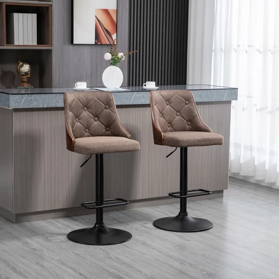 HOMCOM Counter Height Bar Stools Set Of 2, Height Adjustable Swivel Barstools With Footrest And Tufted Back, Linen Fabric Bar Chairs, Brown 4 HOMCOM Counter Height Bar Stools Set Of 2, Height Adjustable Swivel Barstools With Footrest And Tufted Back, Linen Fabric Bar Chairs, Brown - Image 2