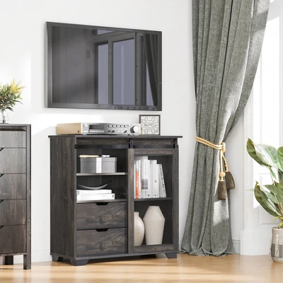 HOMCOM Industrial Sideboard, Freestanding Coffee Bar Cabinet, Buffet Cabinet With 2 Drawers, 2 Shelves & Metal Mesh Door, Dark Brown/Black 3 HOMCOM Industrial Sideboard, Freestanding Coffee Bar Cabinet, Buffet Cabinet With 2 Drawers, 2 Shelves & Metal Mesh Door, Dark Brown/Black