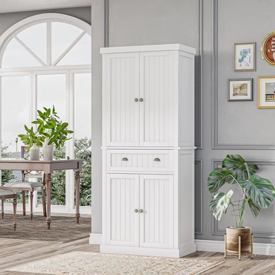 HOMCOM 72" Pinewood Large Kitchen Pantry Storage Cabinet, Freestanding Cabinets With Doors And Shelf Adjustment, Dining Room Furniture, White 4 HOMCOM 72" Pinewood Large Kitchen Pantry Storage Cabinet, Freestanding Cabinets With Doors And Shelf Adjustment, Dining Room Furniture, White - Image 2