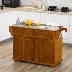 HOMCOM Triple-Cabinet Double-Drawer Kitchen Island With Storage, Butcher Block Island With Stainless Steel Top, Spice & Towel Rack, Brown Wood Finish -Homcom GUEST 30db4088 ee39 430c 8507 60a132335a97