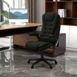 HOMCOM 6 Point Vibrating Massage Office Chair With Heat, Linen High Back Executive Office Chair With Reclining Backrest, Armrests
