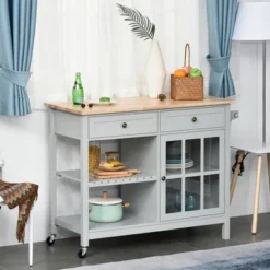 HOMCOM Kitchen Island Utility Storage Trolley Cart With Rubber Wood Top, Towel Rack, 2 Cabinets & Drawers For Dining Room