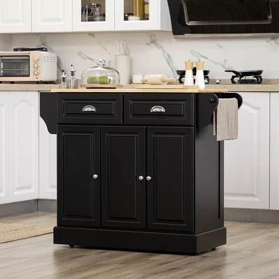 HOMCOM Triple-Cabinet Kitchen Island On Wheels That Remove, Kitchen Storage Cabinet With Drawers & Countertop, Rolling Utility Cart In Wood, Black 3 HOMCOM Triple-Cabinet Kitchen Island On Wheels That Remove, Kitchen Storage Cabinet With Drawers & Countertop, Rolling Utility Cart In Wood, Black