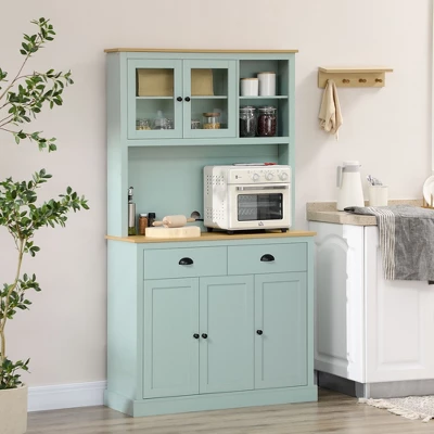 HOMCOM 71" Freestanding Pantry, Kitchen Buffet With Hutch, Modern Storage Cabinet With Drawers, Glass Doors, And Adjustable Shelves, Light Blue 3 HOMCOM 71" Freestanding Pantry, Kitchen Buffet With Hutch, Modern Storage Cabinet With Drawers, Glass Doors, And Adjustable Shelves, Light Blue