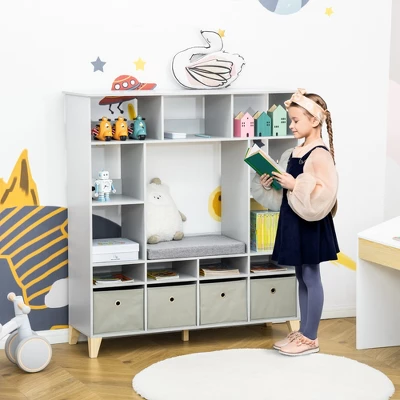 HOMCOM 47" Kids Reading Nook Organizer, Freestanding 15-Cubby Bookcase Storage Cabinet With Cushioned Seat For Toys, Books, Clothes 4 HOMCOM 47" Kids Reading Nook Organizer, Freestanding 15-Cubby Bookcase Storage Cabinet With Cushioned Seat For Toys, Books, Clothes - Image 2