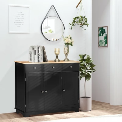 HOMCOM Modern Sideboard With Rubberwood Top, Buffet Cabinet With Storage Cabinets, Drawers And Adjustable Shelves For Living Room, Kitchen, Black 4 HOMCOM Modern Sideboard With Rubberwood Top, Buffet Cabinet With Storage Cabinets, Drawers And Adjustable Shelves For Living Room, Kitchen, Black - Image 2