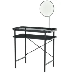 HOMCOM Modern Glasstop Vanity Table With Mirror, Makeup Dressing Table With Rotating Round Mirror, Shelves For Perfumes, Cosmetics, Lotions, Black 9 HOMCOM Modern Glasstop Vanity Table With Mirror, Makeup Dressing Table With Rotating Round Mirror, Shelves For Perfumes, Cosmetics, Lotions, Black -Homcom GUEST 3ea758db fa3f 48bf bfca f76e5dd7a4fb