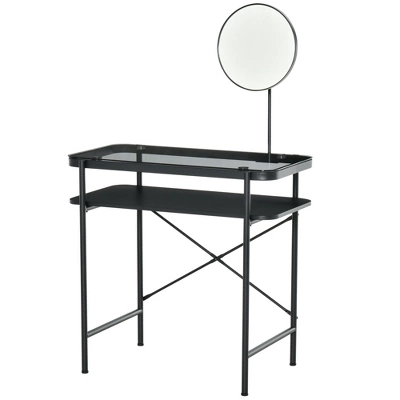HOMCOM Modern Glasstop Vanity Table With Mirror, Makeup Dressing Table With Rotating Round Mirror, Shelves For Perfumes, Cosmetics, Lotions, Black 5 HOMCOM Modern Glasstop Vanity Table With Mirror, Makeup Dressing Table With Rotating Round Mirror, Shelves For Perfumes, Cosmetics, Lotions, Black - Image 3