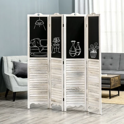 HOMCOM 4-Panel Folding Room Divider With Blackboard, 5.5 Ft Tall Freestanding Privacy Screen Panels For Bedroom Or Office, White 3 HOMCOM 4-Panel Folding Room Divider With Blackboard, 5.5 Ft Tall Freestanding Privacy Screen Panels For Bedroom Or Office, White