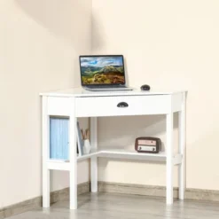HOMCOM Corner Desk, Triangle Computer Desk With Drawer And Storage Shelves For Small Spaces, Home Office Workstation For Living Room, Or Bedroom