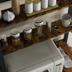 HOMCOM Kitchen Bakers Rack, Microwave Stand, Coffee Bar With Adjustable Shelves, 4 Hooks For Spices, Pots And Pans, Rustic Brown -Homcom GUEST 44be7c40 2da8 4784 bb0c 5f6014b9af81