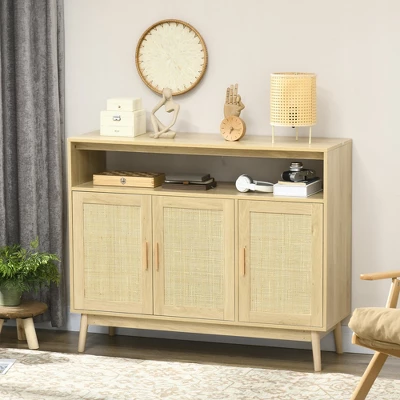 HOMCOM Kitchen Sideboard With 2 Cabinets, Boho Buffet Cabinet With 3 Rattan Decorated Doors And Adjustable Shelf, Coffee Bar Cabinet 4 HOMCOM Kitchen Sideboard With 2 Cabinets, Boho Buffet Cabinet With 3 Rattan Decorated Doors And Adjustable Shelf, Coffee Bar Cabinet - Image 2