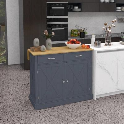 HOMCOM Rolling Kitchen Island With Drop Leaf Wood Breakfast Bar, Farmhouse Kitchen Cart With 2 Drawers, Adjustable Shelves For Dining Room, Dark Gray 4 HOMCOM Rolling Kitchen Island With Drop Leaf Wood Breakfast Bar, Farmhouse Kitchen Cart With 2 Drawers, Adjustable Shelves For Dining Room, Dark Gray - Image 2