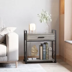 HOMCOM Industrial End Table With Drawer And Bottom Shelf, Mobile Side Table With 4 Wheels For Living Room, Bedroom -Homcom GUEST 4851ad5e e9ea 40fe a342 f3d5d7b19d1c