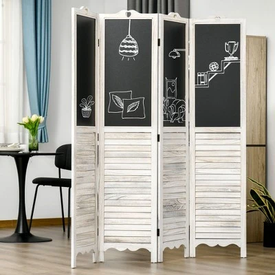 HOMCOM 4-Panel Folding Room Divider With Blackboard, 5.5 Ft Tall Freestanding Privacy Screen Panels For Bedroom Or Office, White 4 HOMCOM 4-Panel Folding Room Divider With Blackboard, 5.5 Ft Tall Freestanding Privacy Screen Panels For Bedroom Or Office, White - Image 2