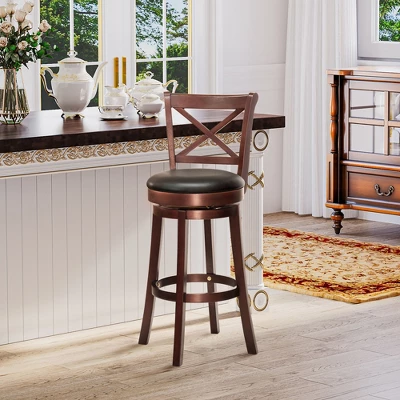HOMCOM Traditional Bar Stool, 31 Inch Seat Height Barstool, Swivel PU Leather Upholstered Chair, With Cross Back And Rubberwood Frame 3 HOMCOM Traditional Bar Stool, 31 Inch Seat Height Barstool, Swivel PU Leather Upholstered Chair, With Cross Back And Rubberwood Frame