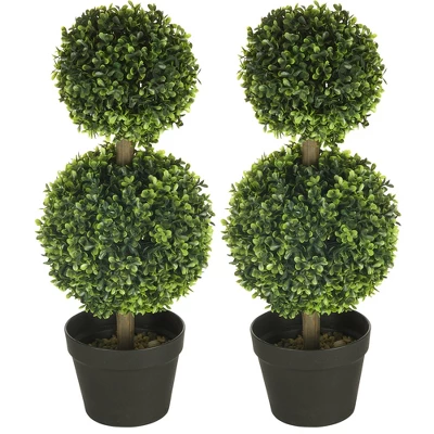 HOMCOM 2 Pack 23.5" Artificial Boxwood Topiary Ball Trees Set Of 2, Double Ball-Shaped Boxwood Artificial Topiary Plants For Indoor Outdoor, Green 5 HOMCOM 2 Pack 23.5" Artificial Boxwood Topiary Ball Trees Set Of 2, Double Ball-Shaped Boxwood Artificial Topiary Plants For Indoor Outdoor, Green - Image 3