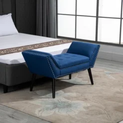 HOMCOM Modern Button Tufted Sitting Bench, Accent Fabric Upholstered Ottoman For Bedroom Or Living Room, Blue -Homcom GUEST 50decdef 2d97 46e7 945f 3353b046d087