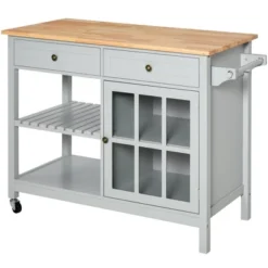 HOMCOM Kitchen Island Utility Storage Trolley Cart With Rubber Wood Top, Towel Rack, 2 Cabinets & Drawers For Dining Room -Homcom GUEST 55691ded 8530 42bc b04b f6048b70dc00