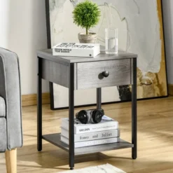 HOMCOM Industrial End Table With Storage Shelf, Accent Side Table With Drawer For Living Room, Or Bedroom, Set Of 2, Gray -Homcom GUEST 57a5bcb6 83c6 4c39 babe 32581844fcb5 1