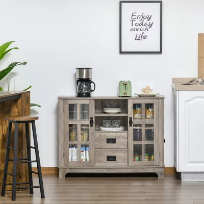 HOMCOM Sideboard Storage Cabinet, Kitchen Cupboard Buffet Server With Glass Doors, 2 Drawers & Adjustable Shelves For Living Room 4 HOMCOM Sideboard Storage Cabinet, Kitchen Cupboard Buffet Server With Glass Doors, 2 Drawers & Adjustable Shelves For Living Room - Image 2