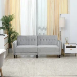 HOMCOM Convertible Sleeper Sofa, Futon Sofa Bed With Split Back Design Recline, Thick Padded Velvet-Touch Cushion Seating And Wood Legs, Light Grey -Homcom GUEST 599c85ac f82e 46a6 8c98 a7fe91801285