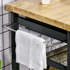 HOMCOM 3-Tier Utility Kitchen Cart With Handle Bar, Steel Basket Rolling Cart, Food Storage Service Trolley With Drawer, Rubber Wood Top -Homcom GUEST 5c70b93a 2242 4369 adf6 8e2415313dde