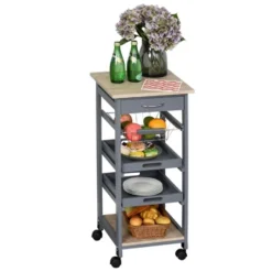 HOMCOM Mobile Rolling Kitchen Island Trolley Serving Cart With Underneath Drawer & Slide-Out Wire Storage Basket, Grey -Homcom GUEST 5d9b544f 71d9 4323 8f60 d844ab9e273f