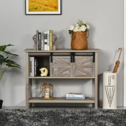 HOMCOM Farmhouse Style Console Table With Sliding Barn Doors And 4 Open Storage Compartments And Elevated Base, Gray -Homcom GUEST 5e378e06 552f 4ad6 90fd 0f132a4179cf