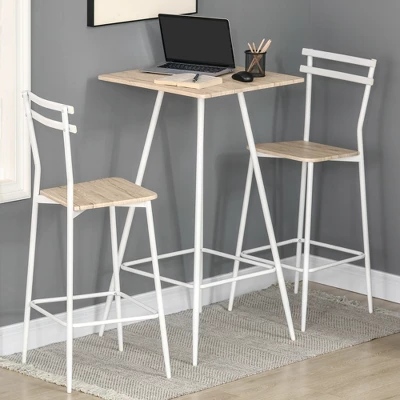 HOMCOM Bar Table And Chairs Set, 3 Piece Dining Table Set For 2 With Steel Frame And Footrest For Bar And Kitchen, White/Oak 3 HOMCOM Bar Table And Chairs Set, 3 Piece Dining Table Set For 2 With Steel Frame And Footrest For Bar And Kitchen, White/Oak