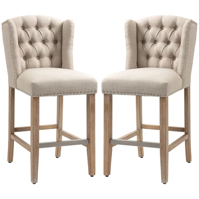 HOMCOM Counter Height Bar Stools Set Of 2, Upholstered 26.75" Seat Height Barstools, Breakfast Chairs With Nailhead-Trim & Tufted Back, Wood Legs 5 HOMCOM Counter Height Bar Stools Set Of 2, Upholstered 26.75" Seat Height Barstools, Breakfast Chairs With Nailhead-Trim & Tufted Back, Wood Legs - Image 3