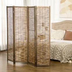 HOMCOM 5.5' Tall Room Divider With Wood & Hand Woven Reed, 4 Panel Folding Privacy Screens, Portable Partition Wall Divider