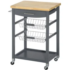 HOMCOM 3-Tier Utility Kitchen Cart With Handle Bar, Steel Basket Rolling Cart, Food Storage Service Trolley With Drawer, Rubber Wood Top -Homcom GUEST 63b0f4ac 1472 47c0 8830 3e745736ddf3