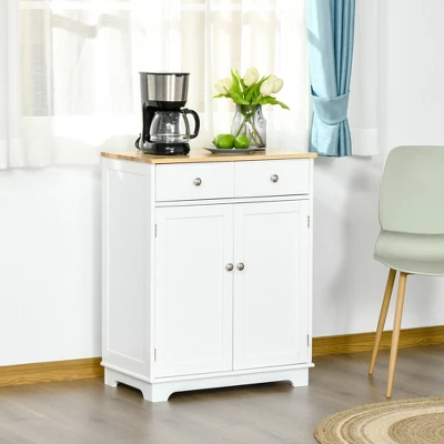 HOMCOM Kitchen Storage Cabinet, Sideboard Floor Cupboard With Solid Wood Top, Adjustable Shelf, And 2 Drawers For Living Room, And Hallway 4 HOMCOM Kitchen Storage Cabinet, Sideboard Floor Cupboard With Solid Wood Top, Adjustable Shelf, And 2 Drawers For Living Room, And Hallway - Image 2