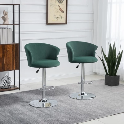 HOMCOM Adjustable Bar Stools Set Of 2, Velvet Kitchen Stool, Upholstered Counter Height Barstool With Swivel Seat, Wing Back, Dark Green 3 HOMCOM Adjustable Bar Stools Set Of 2, Velvet Kitchen Stool, Upholstered Counter Height Barstool With Swivel Seat, Wing Back, Dark Green
