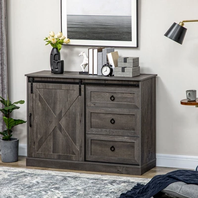 HOMCOM Farmhouse Coffee Bar Cabinet, Kitchen Sideboard, Buffet Cabinet With Sliding Barn Door And 3 Storage Drawers For Living Room, Dark Gray 3 HOMCOM Farmhouse Coffee Bar Cabinet, Kitchen Sideboard, Buffet Cabinet With Sliding Barn Door And 3 Storage Drawers For Living Room, Dark Gray