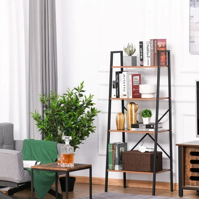 HOMCOM Industrial 4 Tier Ladder Shelf Bookshelf Vintage Storage Rack Plant Stand With Wood Metal Frame For Living Room Bathroom 4 HOMCOM Industrial 4 Tier Ladder Shelf Bookshelf Vintage Storage Rack Plant Stand With Wood Metal Frame For Living Room Bathroom - Image 2