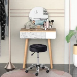 HOMCOM Round Vanity Stool With Height Adjustable Lift, Luxury Style Upholstery And Swivel Seat And Wheels